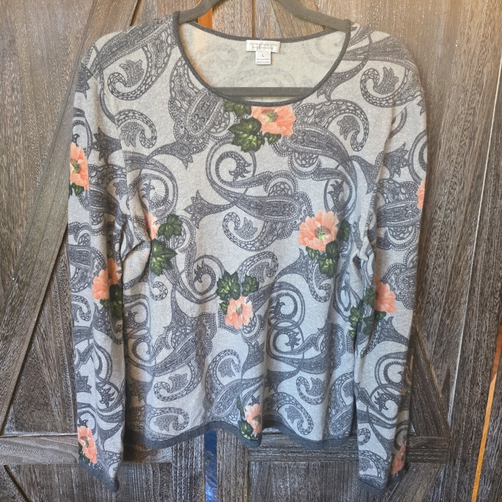 Investments Sweater Womens Size L Gray Paisley Flowers 100% Cashmere Lightweight